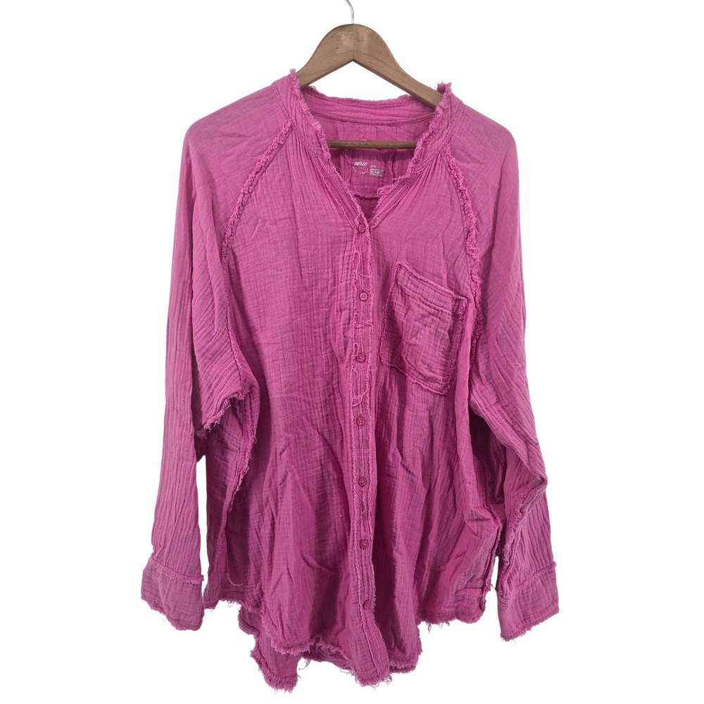 Aerie Button Down Shirt Womens M Pink Gauze Boho Raw Hem Long Sleeve Oversized